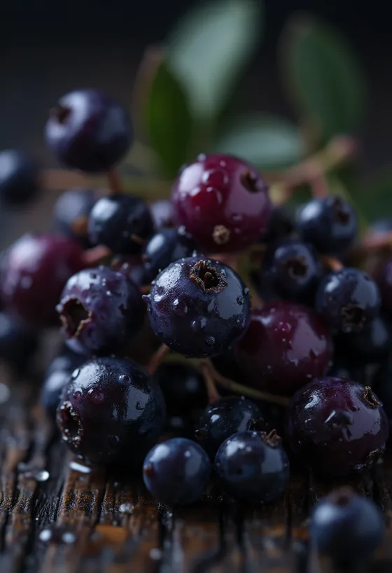 Plody černého bezu, sytě tmavě fialová barva a mírně lesklý povrch