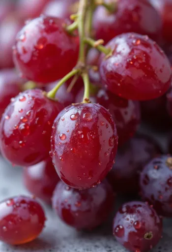 Detail červených hroznů bez pecek, čerstvé šťavnaté bobule se sytě červenou slupkou