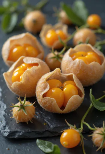 Plody mochyně peruánské (Physalis) se zářivě oranžovou barvou a papírovým obalem