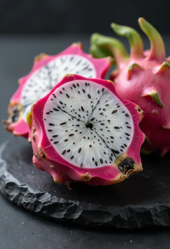 Dračí ovoce (pitahaya) s bílou dužinou, sytá barva a černá semínka
