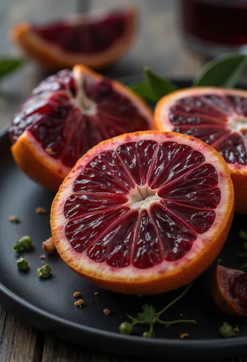 Plátek krvavého pomeranče sytě rudé barvy a čerstvou texturou