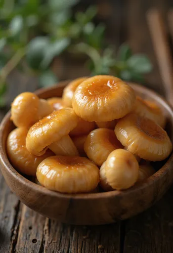 Očištěné a připravené houby nameko na dřevěném prkénku v kuchyňském prostředí