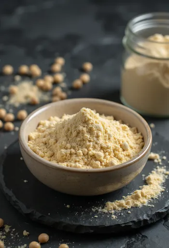 Hrachový proteinový prášek v misce a žlutý hrách