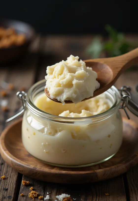 Surové kachní sádlo v malé skleněné misce, kolem kousky čisté tukové tkáně