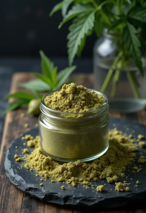 Raw konopný protein v misce, vedle konopná semínka pro dokumentační účely