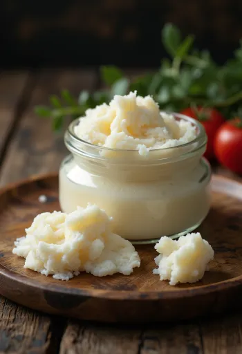 Surové husí sádlo v malé skleněné misce, kolem drobné kousky čisté tukové tkáně