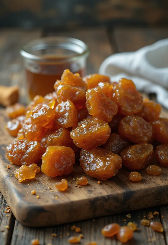 Kousky surového propolisu na dřevěném povrchu v přírodním stavu