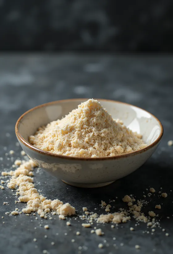 Surový rýžový proteinový prášek ve světle béžové barvě v misce, vedle hnědá rýže