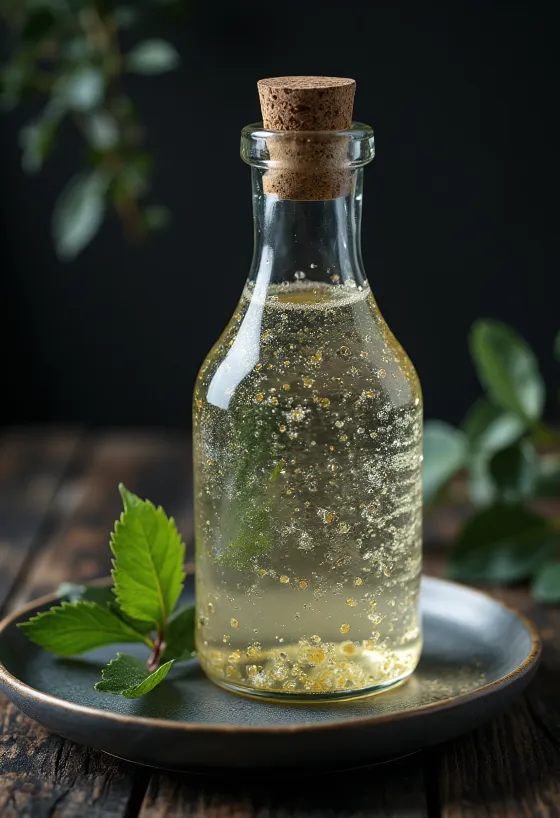 Březová míza ve skleněné lahvi a sklenici, s březovou kůrou a větvičkami