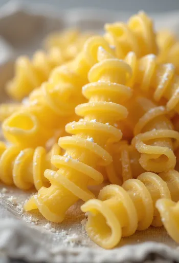 Sušené těstoviny fusilli (vřetena) spirálovitého tvaru na dřevěném povrchu