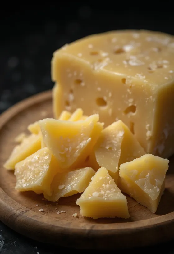 Nakrájený a nastrouhaný parmezán na dřevěném prkénku