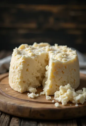 Čerstvý sýr Pecorino z ovčího mléka v bílé keramické misce na dřevěném stole