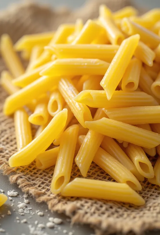 Sušené těstoviny penne s vroubkovaným povrchem na dřevěném pozadí
