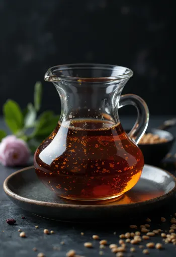 Pražený sezamový olej v tmavé láhvi s miskou sezamových semínek