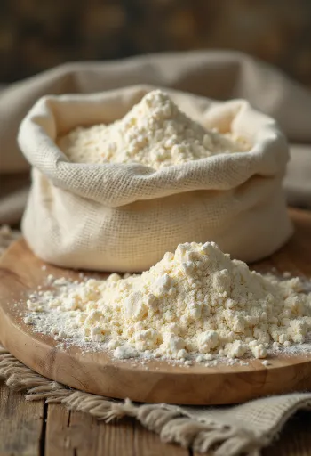 Plantainová mouka v misce se lžící, zeleným plantainem a plátky