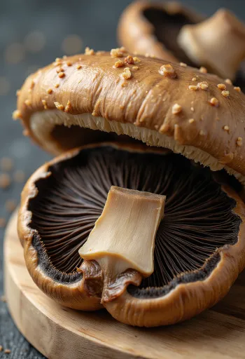 Čerstvé houby portobello na prkénku, připravené ke grilování s olivovým olejem a rozmarýnem