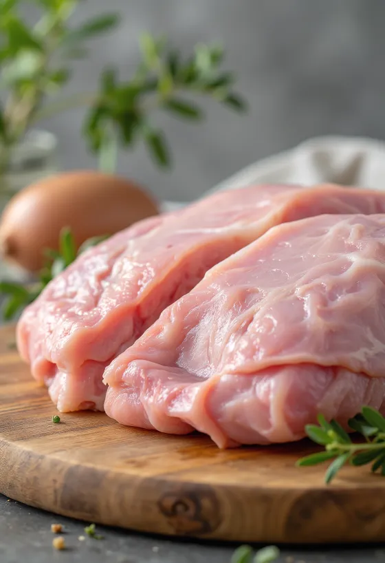 Čerstvé kousky krůtího masa s kořením a česnekem na dřevěném prkénku