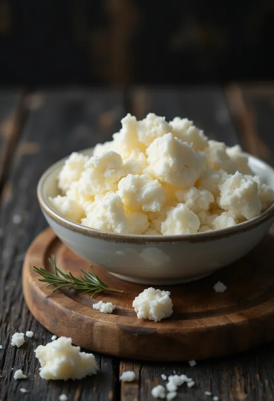 Čerstvý sýr ricotta v bílé keramické misce na dřevěném stole