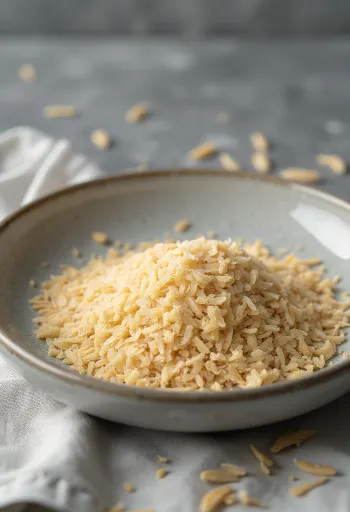 Rýžové otruby v malé keramické misce a rozsypané na dřevěném kuchyňském povrchu