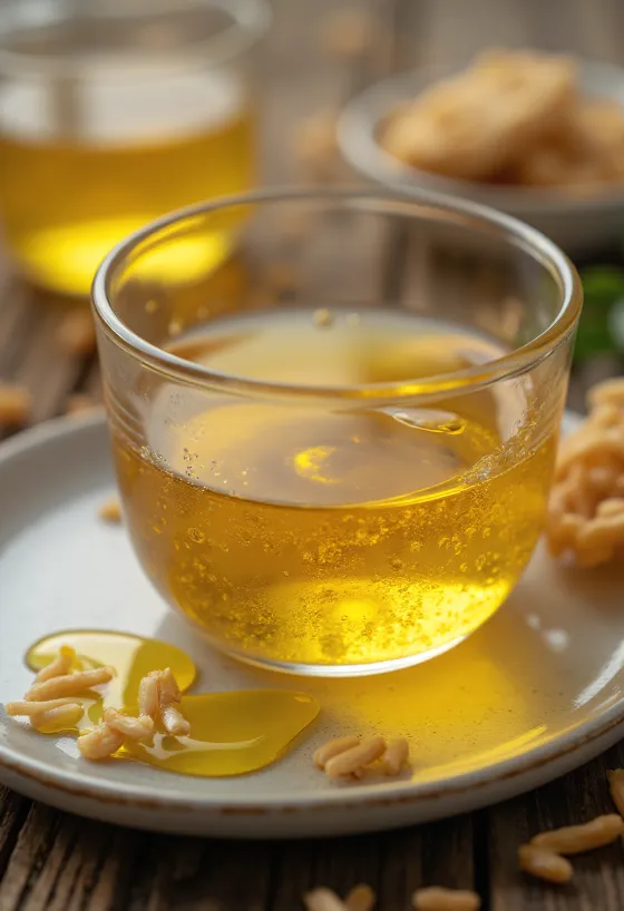 Olej z rýžových otrub v láhvi, s rýžovými zrnky a otrubami na přírodním pozadí