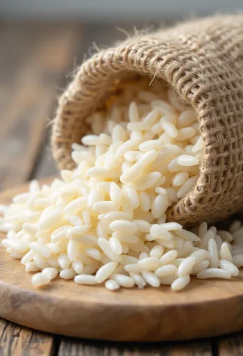 Rýžové vločky jako surovina: zploštělá, sušená rýžová zrna v misce a rozsypaná