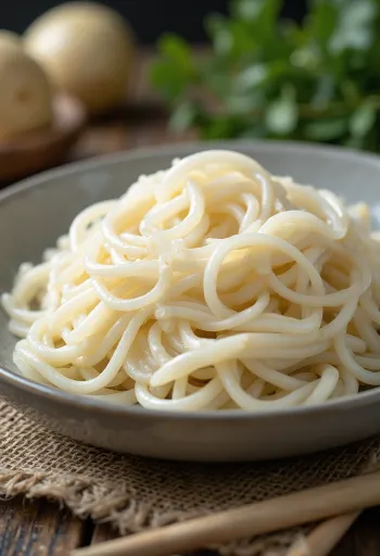 Suché rýžové nudle v keramické misce na dřevěném povrchu