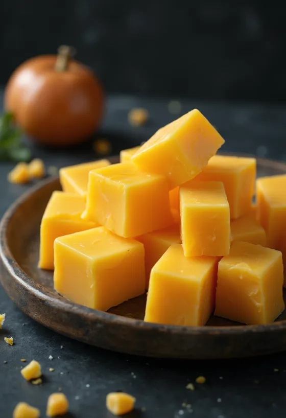 Kousky žlutého sýra Cheddar v misce na dřevěném stole