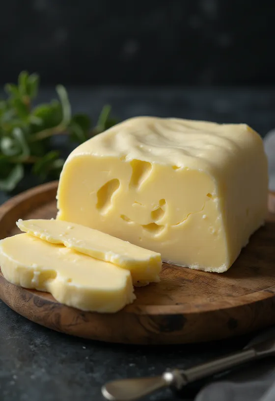 Máslo ze zakysané smetany v malé misce, vedle kapky kulturované smetany