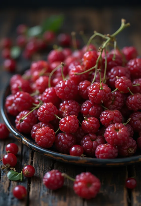 Čerstvé plody schisandry červené barvy, některé rozkrojené, v syrovém stavu