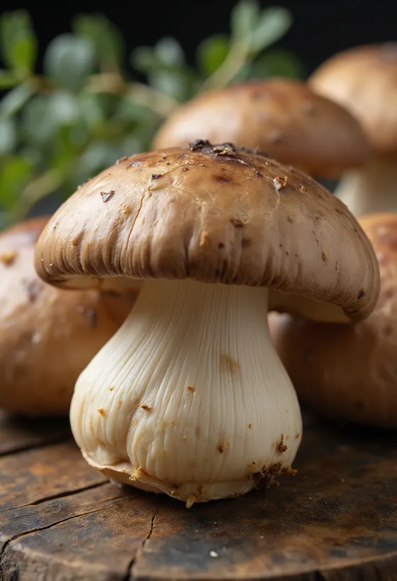 Čerstvé houby shiitake na bambusovém prkénku se sójovou omáčkou a zázvorem