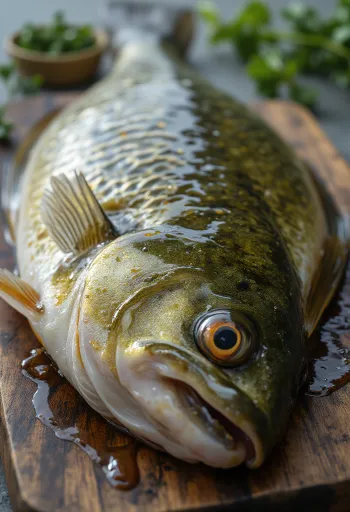 Čerstvé filety z okouna s kořením a citronem na dřevěném prkénku