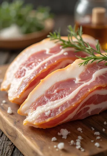 Plátky syrové slaniny na dřevěném prkénku s jasně viditelnými vrstvami tuku a masa