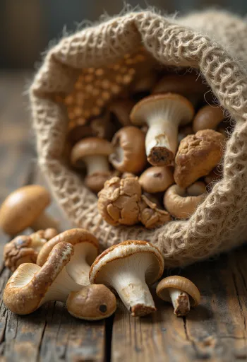 Plátky sušených hub na rustikálním povrchu s bylinkami