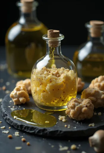 Lanýžový olej v malé lahvičce, s plátky lanýžů a servírovaný