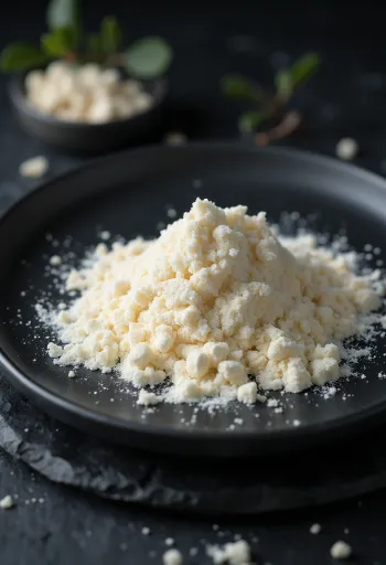 Mouka z jader svatojánského chleba v keramické misce a na vařečce, vedle plody