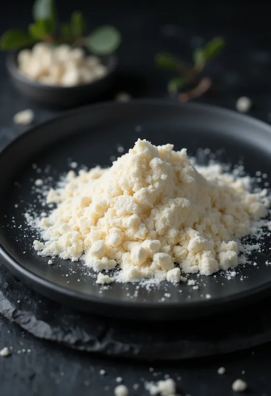 Mouka z jader svatojánského chleba v keramické misce a na vařečce, vedle plody