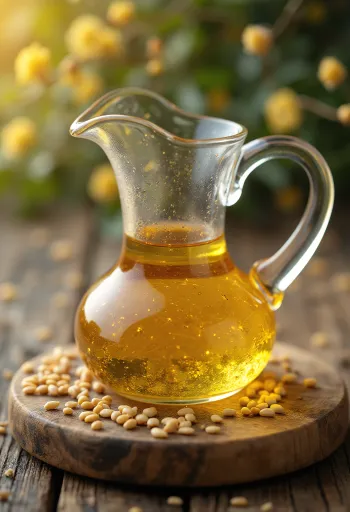 Sezamový olej v malé lahvičce, vedle sezamová semínka v misce