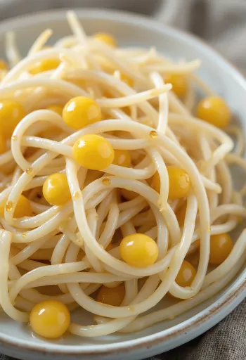 Čerstvé sójové klíčky na bílém talíři, křupavá klíčivá rostlina