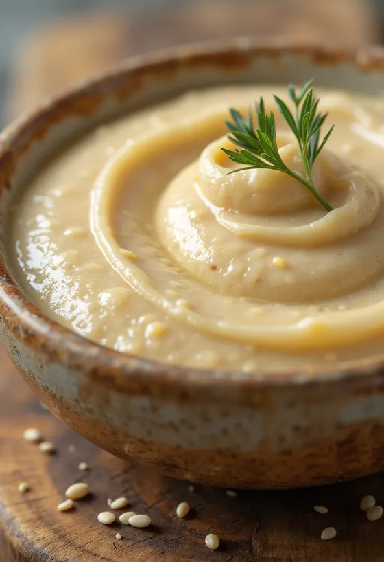 Krémová pasta tahini v misce, vedle sezamová semínka