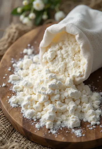 Jemná tapioková mouka v misce a na lžíci, na světlém povrchu