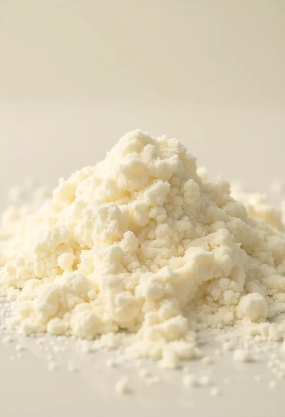 Sušené mléko v rustikální misce s dřevěnou lžící a rozsypaným práškem na dřevěném povrchu