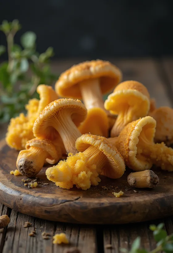 Očištěné penízovky sametonohé na dřevěném prkénku