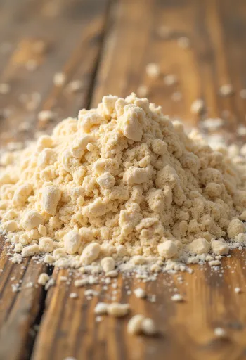 Celozrnná mouka v rustikální misce, rozsypaná na dřevěném povrchu