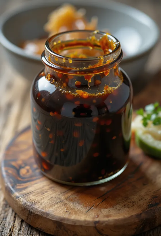 Lesklá, tmavě hnědá teriyaki omáčka v keramické misce, vedle sójová omáčka, mirin, saké a hnědý cukr v malých miskách
