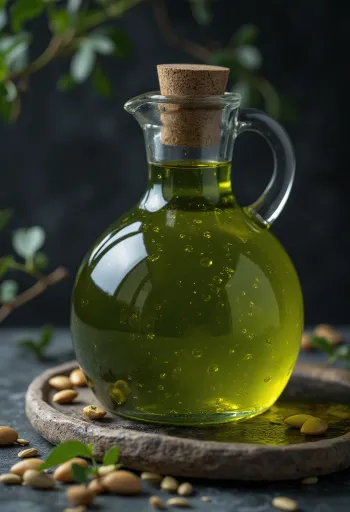 Tmavě zelený dýňový olej v malé misce, vedle neloupaná dýňová semínka