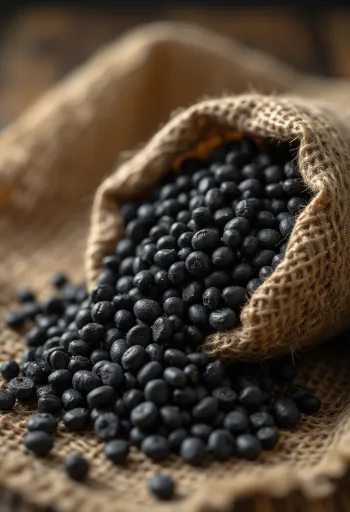 Sušená zrna urad dal (černé fazole mungo) s detailní texturou