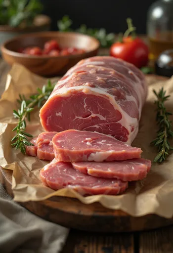 Syrové plátky kančího hřbetu na prkénku s kořením