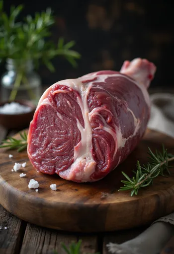 Syrová kančí kýta s kořením na dřevěném prkénku