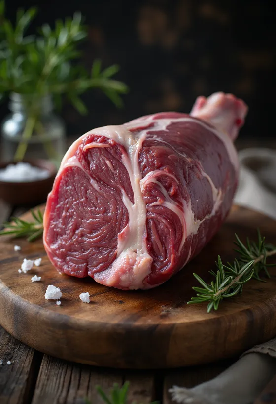 Syrová kančí kýta s kořením na dřevěném prkénku