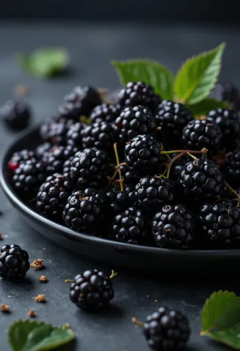 Čerstvé bobule lesních ostružin tmavé barvy, rozkrojené i celé na neutrálním povrchu